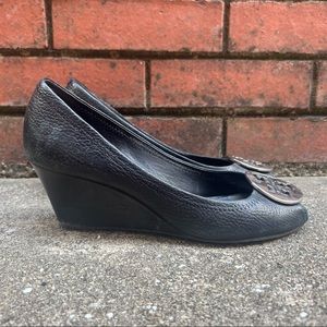Tory Burch Black Peep Toe Wedges